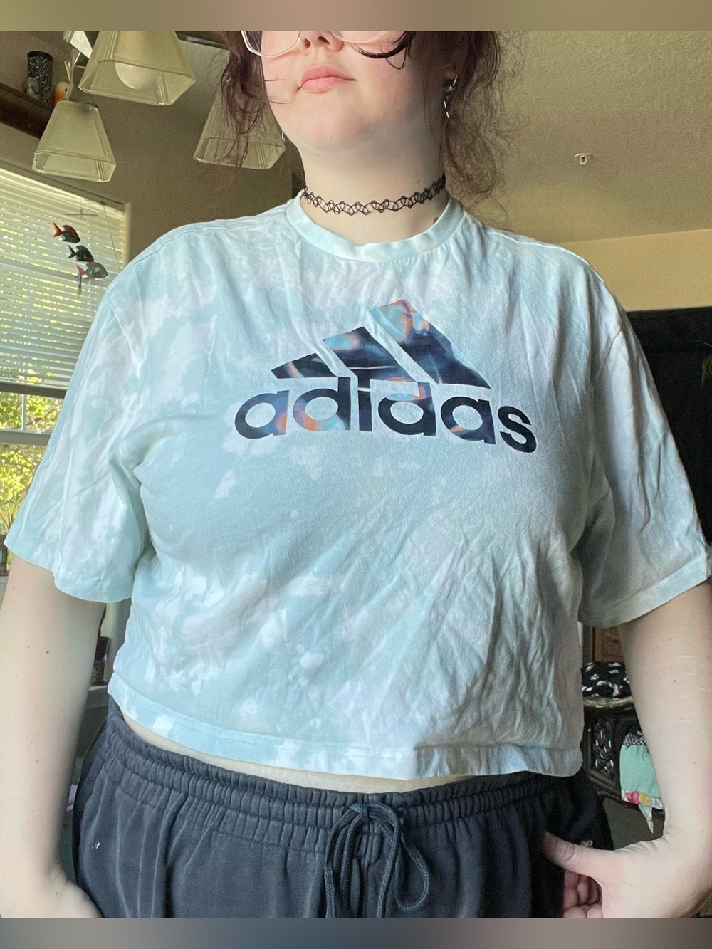 Cropped Adidas Light Blue tie dye Athletic Top with Brand Tag